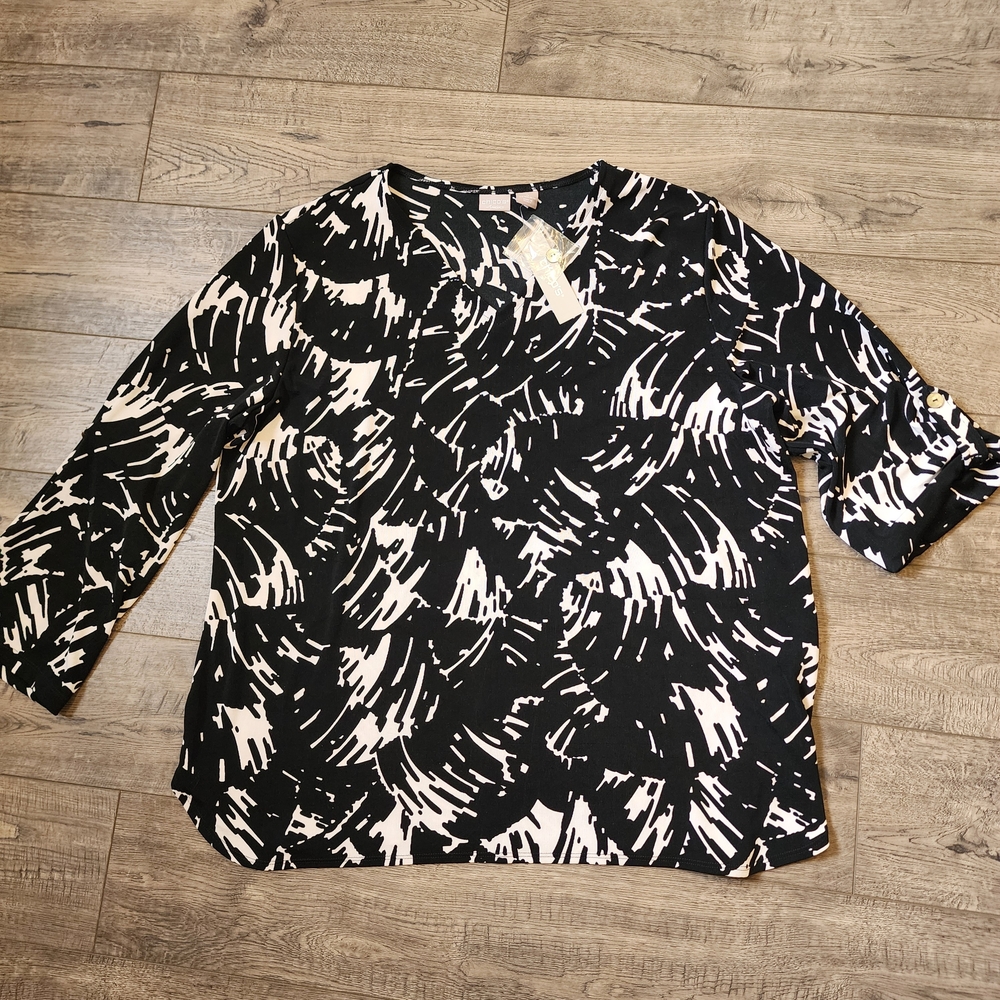 Chico's Womens Travelers Blouse Black White Abstract Wrinkle Free Size 4 XXL NWT
